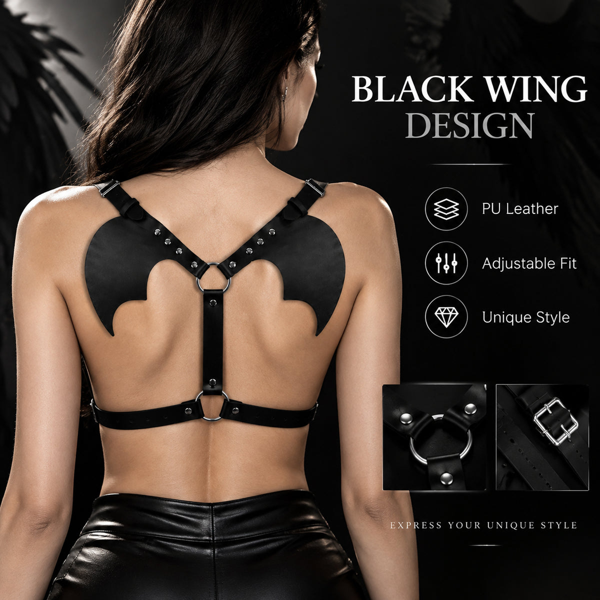 Black PU Leather Bat Wing Harness – Adjustable Unisex Halloween Costume
