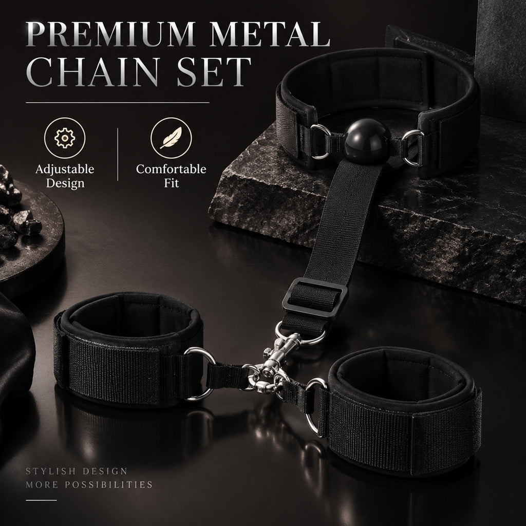 Adjustable PU Leather Collar & Wrist Cuff Set – Metal Chain with Ball Gag