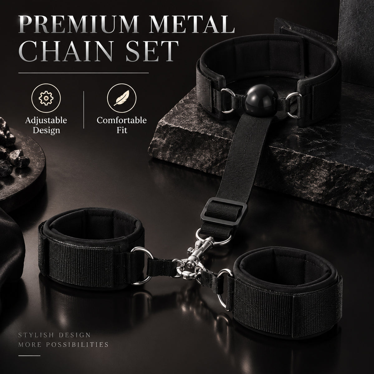 Adjustable PU Leather Collar & Wrist Cuff Set – Metal Chain with Ball Gag