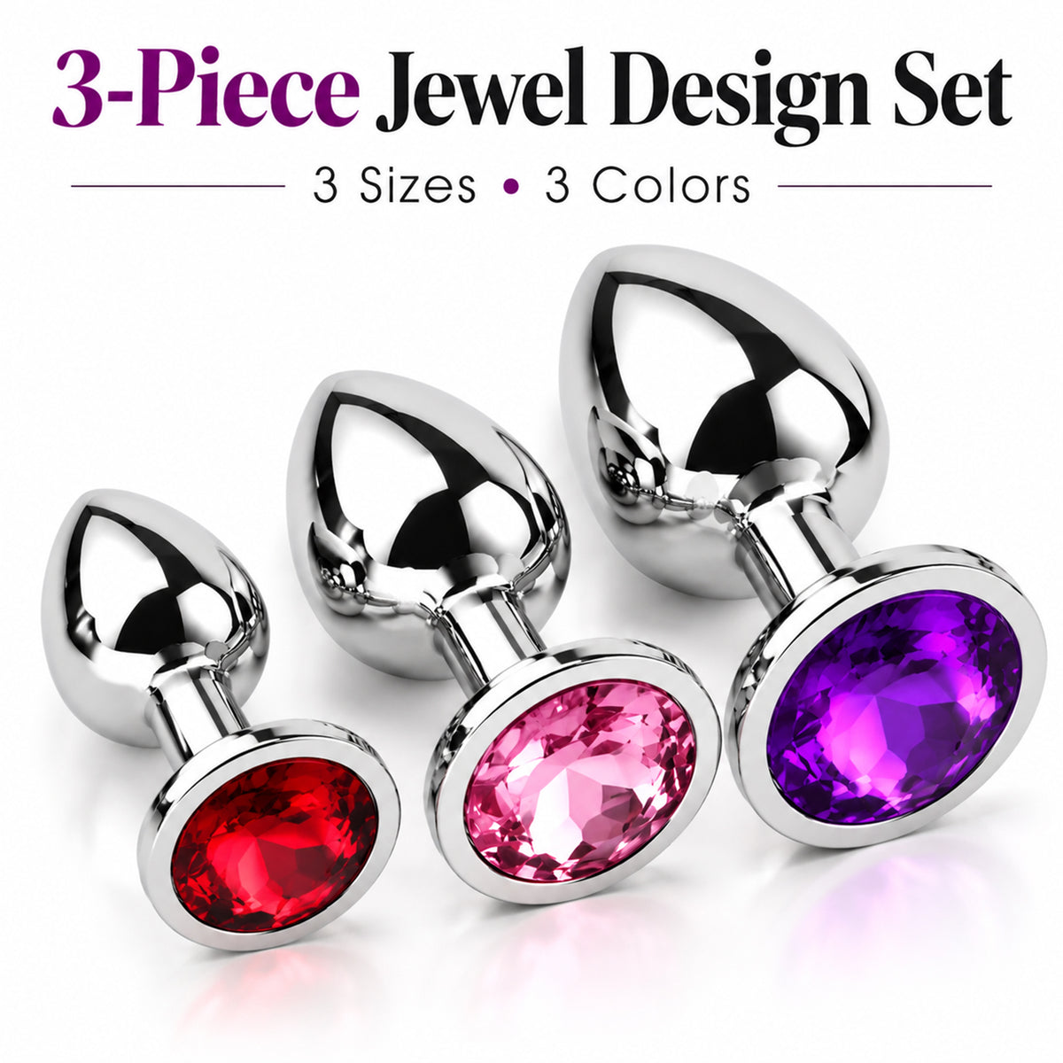 3-Piece Jeweled Metal Anal Plug Set – Silver Finish, Crystal Gem Bases, 3 Sizes