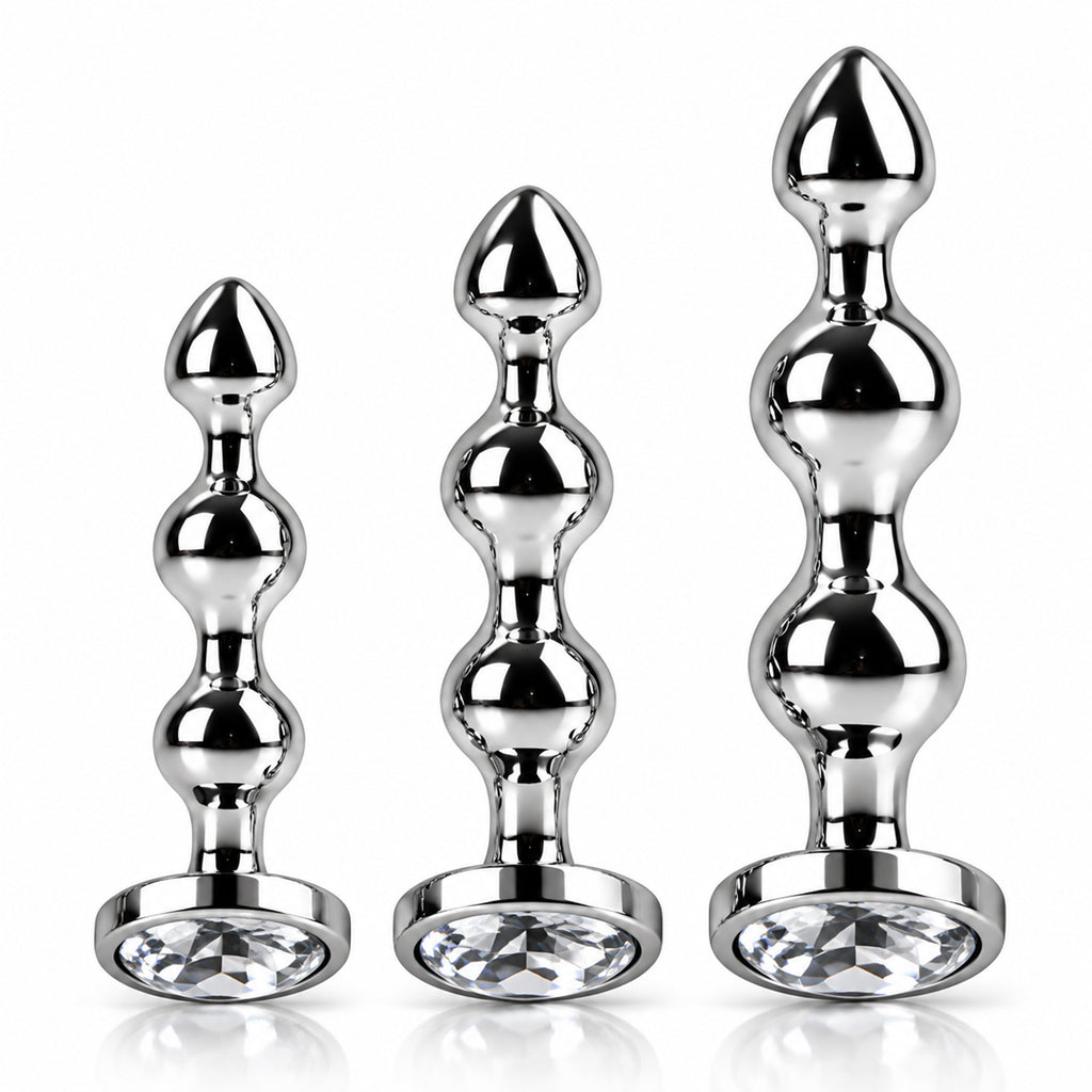 3-Piece Jeweled Metal Anal Plug Set – Silver Finish, 3 Graduated Sizes