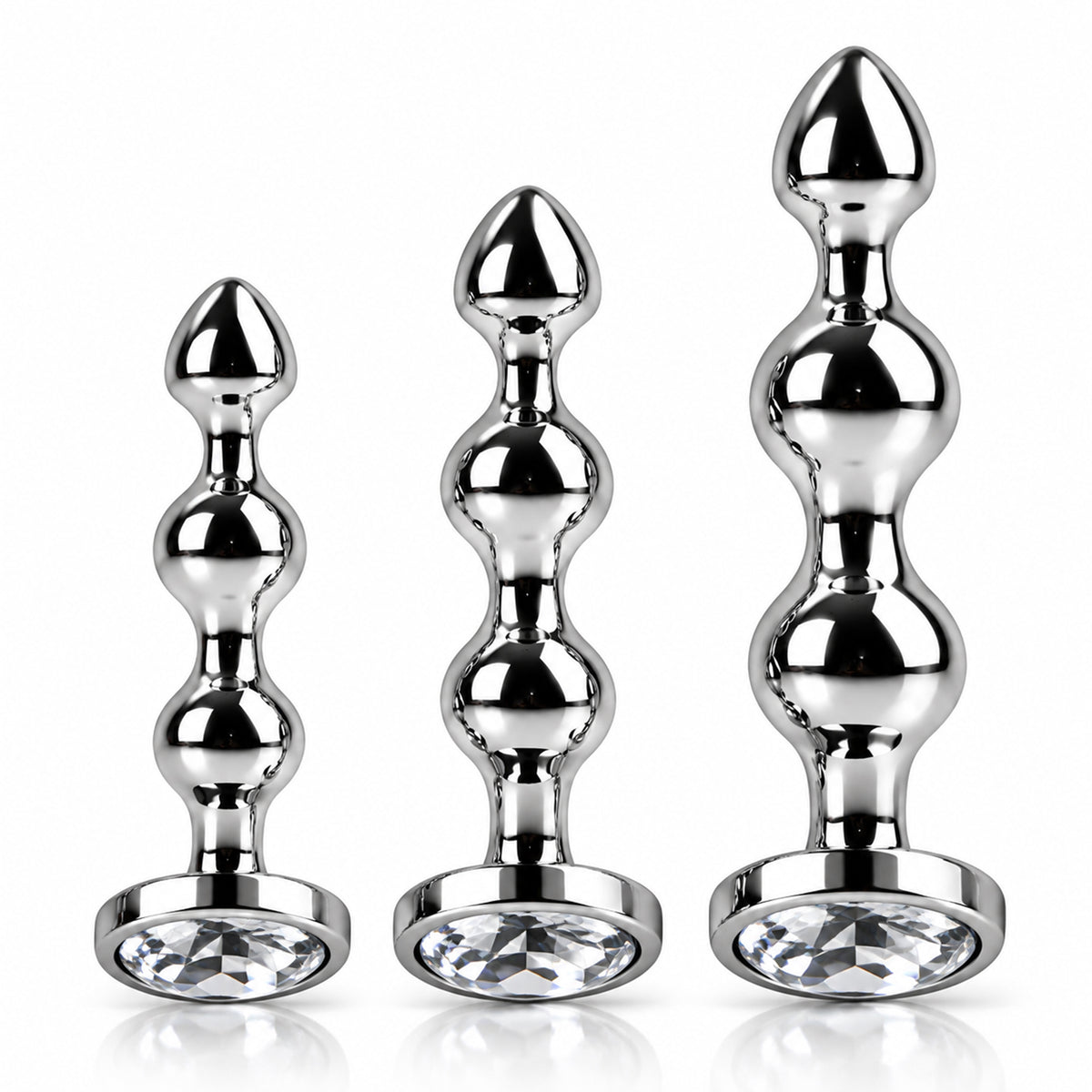 3-Piece Jeweled Metal Anal Plug Set – Silver Finish, 3 Graduated Sizes