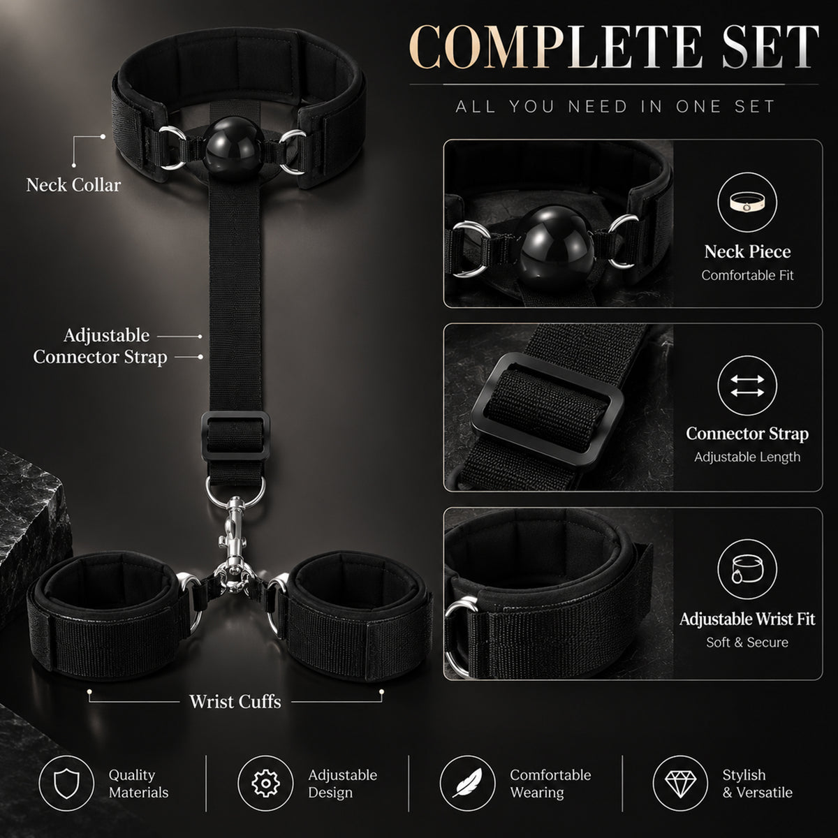 Adjustable PU Leather Collar & Wrist Cuff Set – Metal Chain with Ball Gag