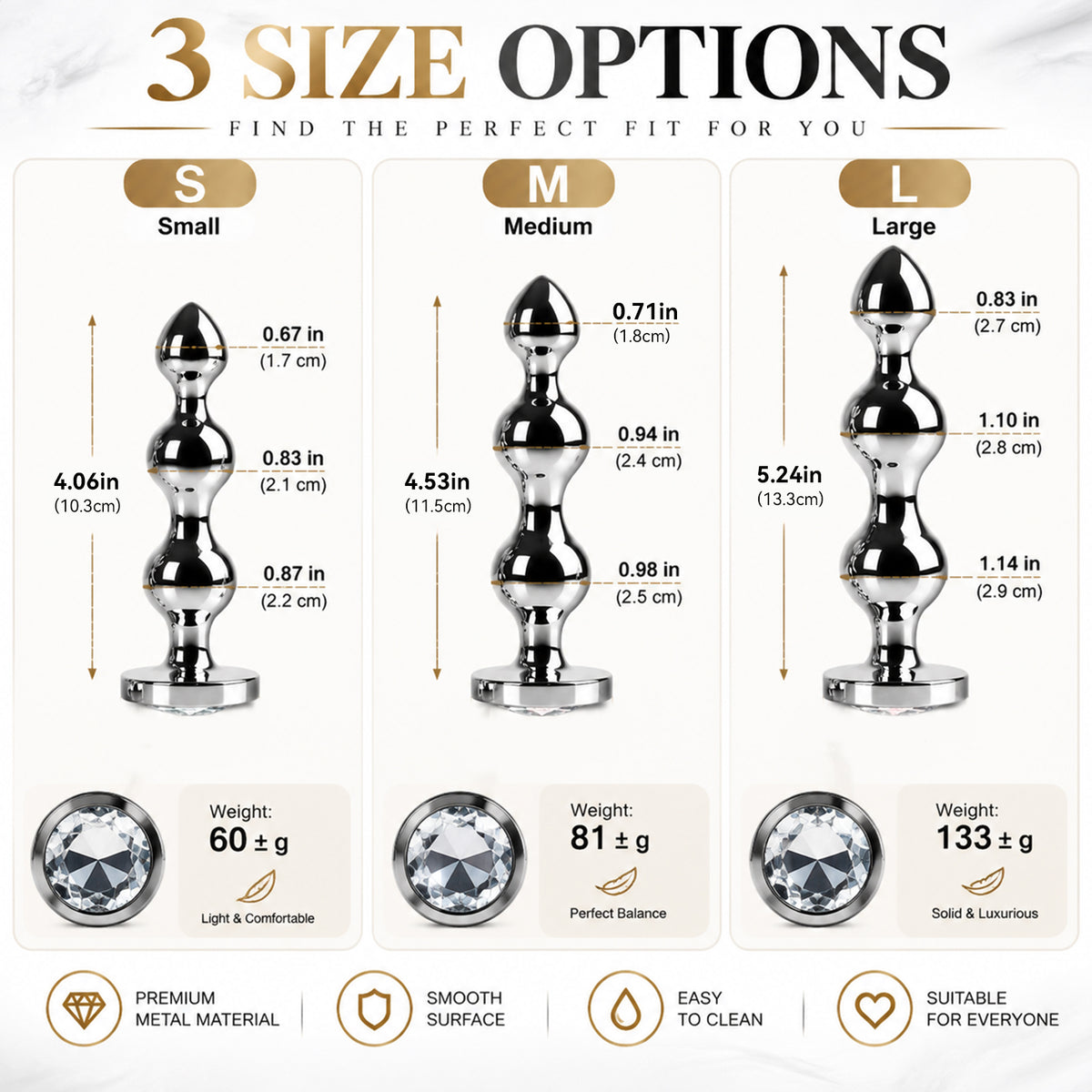 3-Piece Jeweled Metal Anal Plug Set – Silver Finish, 3 Graduated Sizes