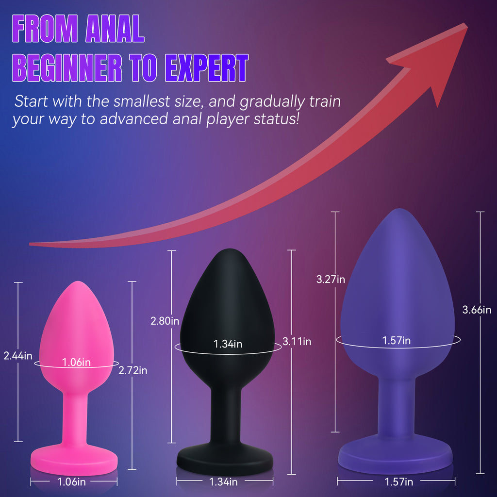 3-Piece Multicolor Silicone Anal Plug Set with Jewel Bases