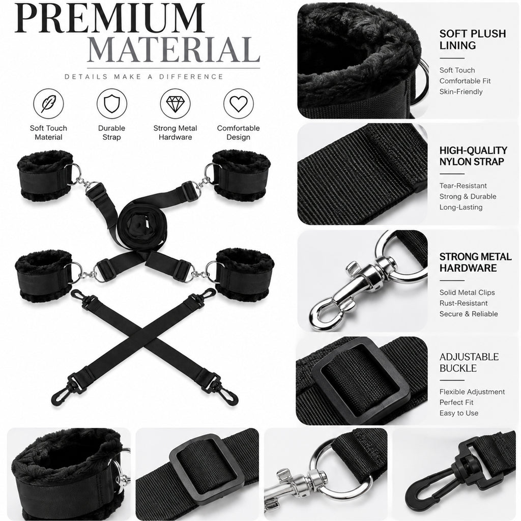 6-Piece Under-Bed Bondage Restraint Set – Adjustable Straps & Plush Cuffs