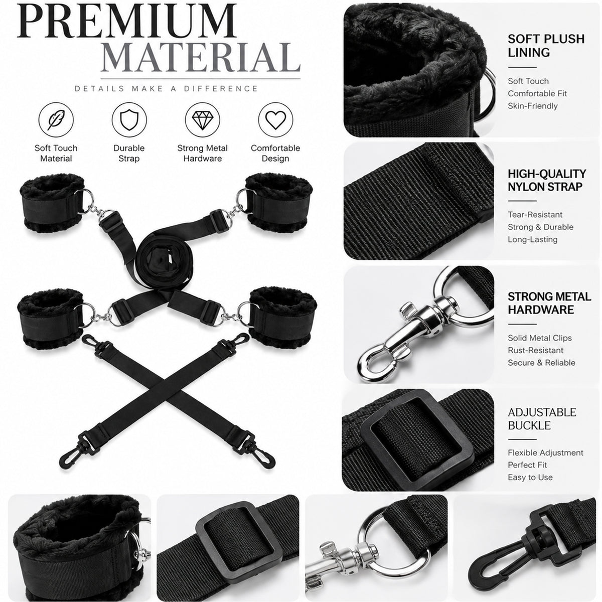 6-Piece Under-Bed Bondage Restraint Set – Adjustable Straps & Plush Cuffs