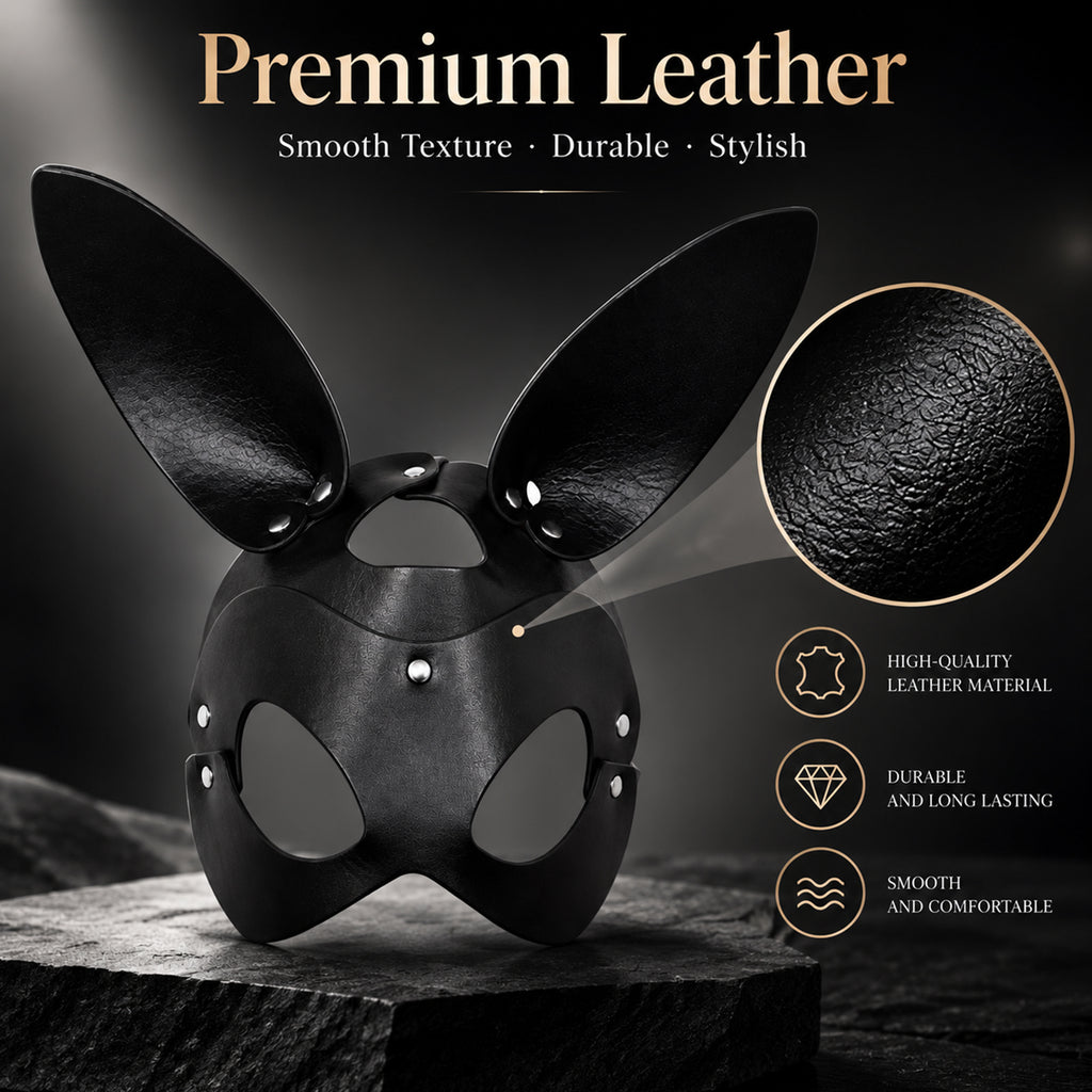 Black PU Leather Rabbit Ear Mask – Adjustable Unisex Masquerade Costume