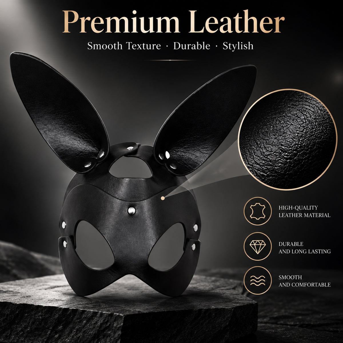 Black PU Leather Rabbit Ear Mask – Adjustable Unisex Masquerade Costume