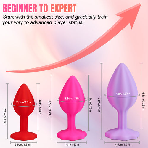 3-Piece Colorful Silicone Anal Plug Set – Graduated Sizes with Crystal Jewel Bases