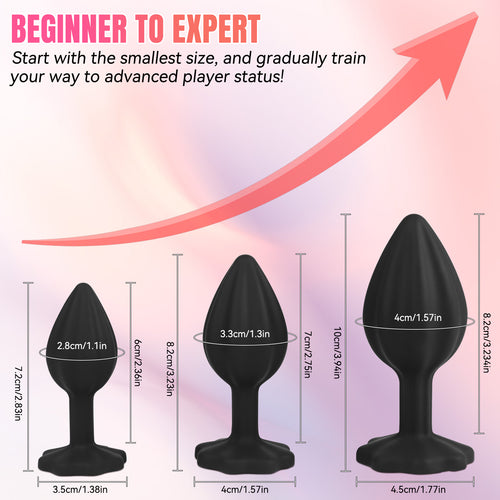 3-Piece Black Silicone Anal Plug Set – Graduated Sizes with Crystal Jewel Bases