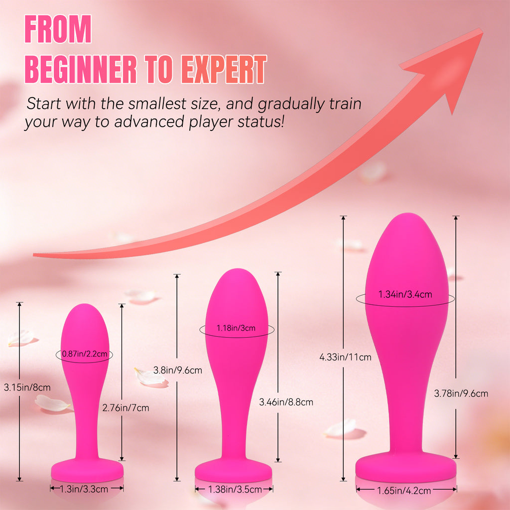 3-Piece Rose Pink Silicone Anal Plug Set – Graduated Sizes with Crystal Jewel Bases