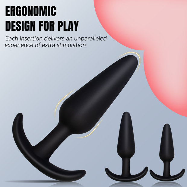 3-Piece Black Silicone Anal Plug Set – Graduated Sizes with Flared Bases