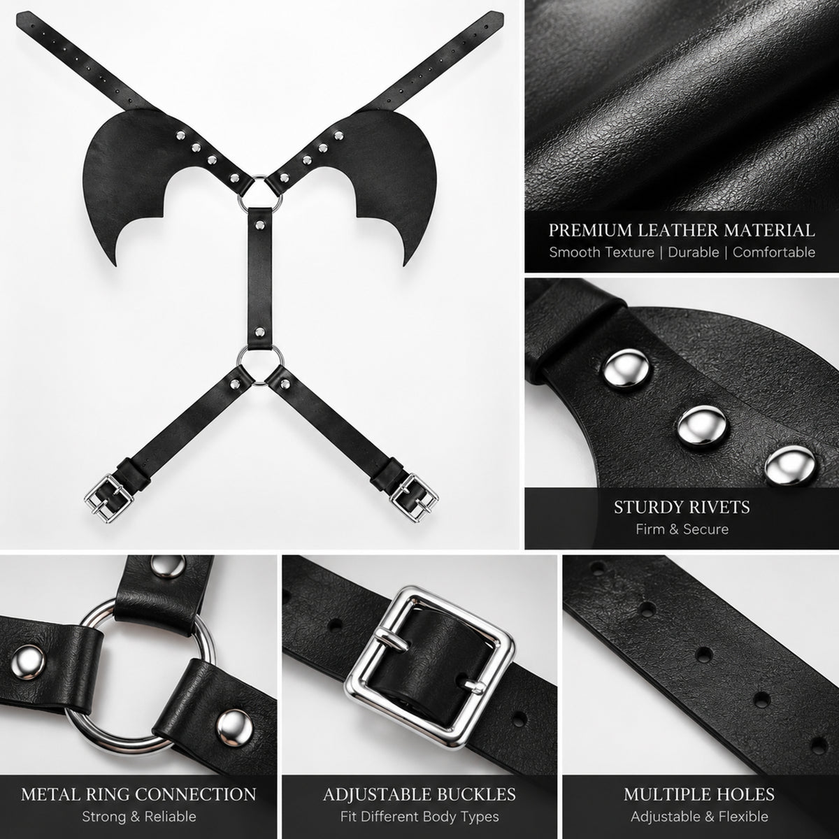 Black PU Leather Bat Wing Harness – Adjustable Unisex Halloween Costume