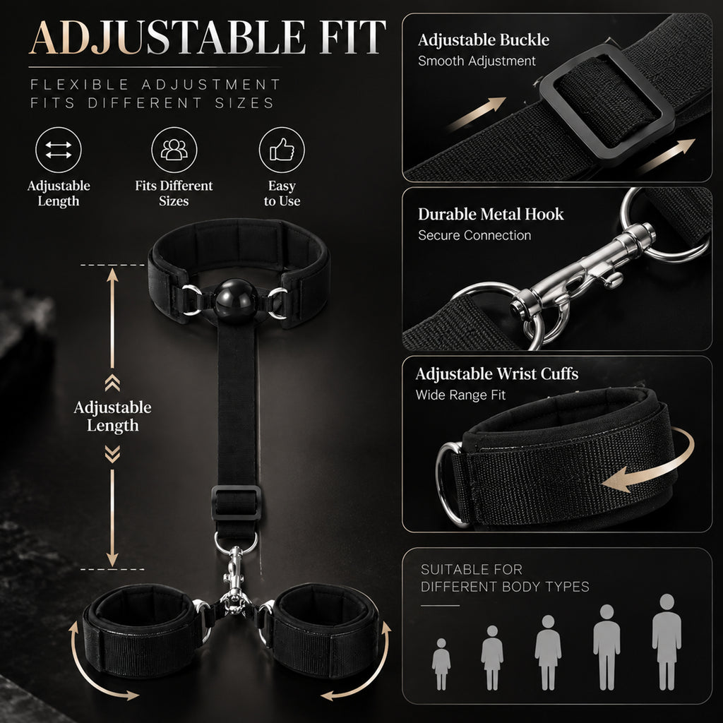 Adjustable PU Leather Collar & Wrist Cuff Set – Metal Chain with Ball Gag