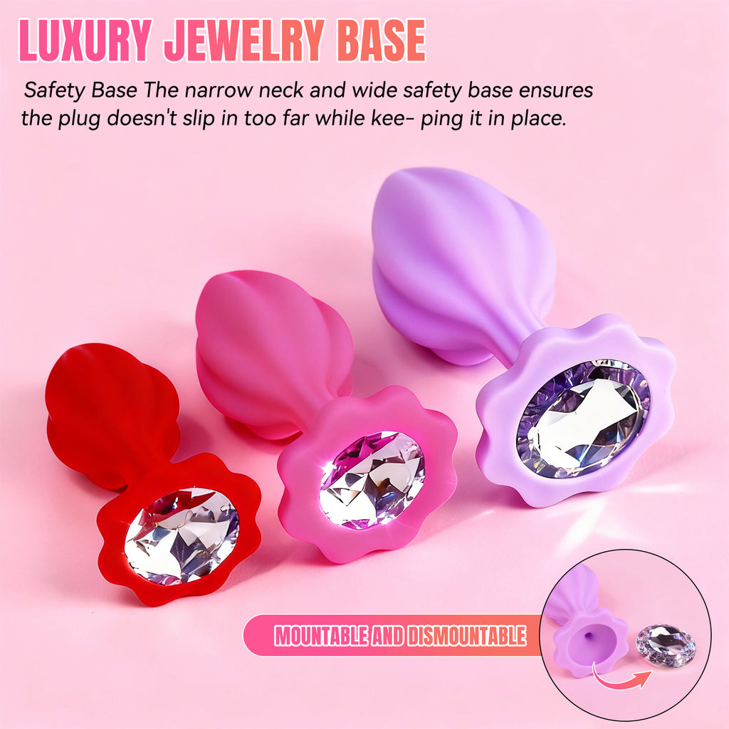 3-Piece Colorful Silicone Anal Plug Set – Graduated Sizes with Crystal Jewel Bases