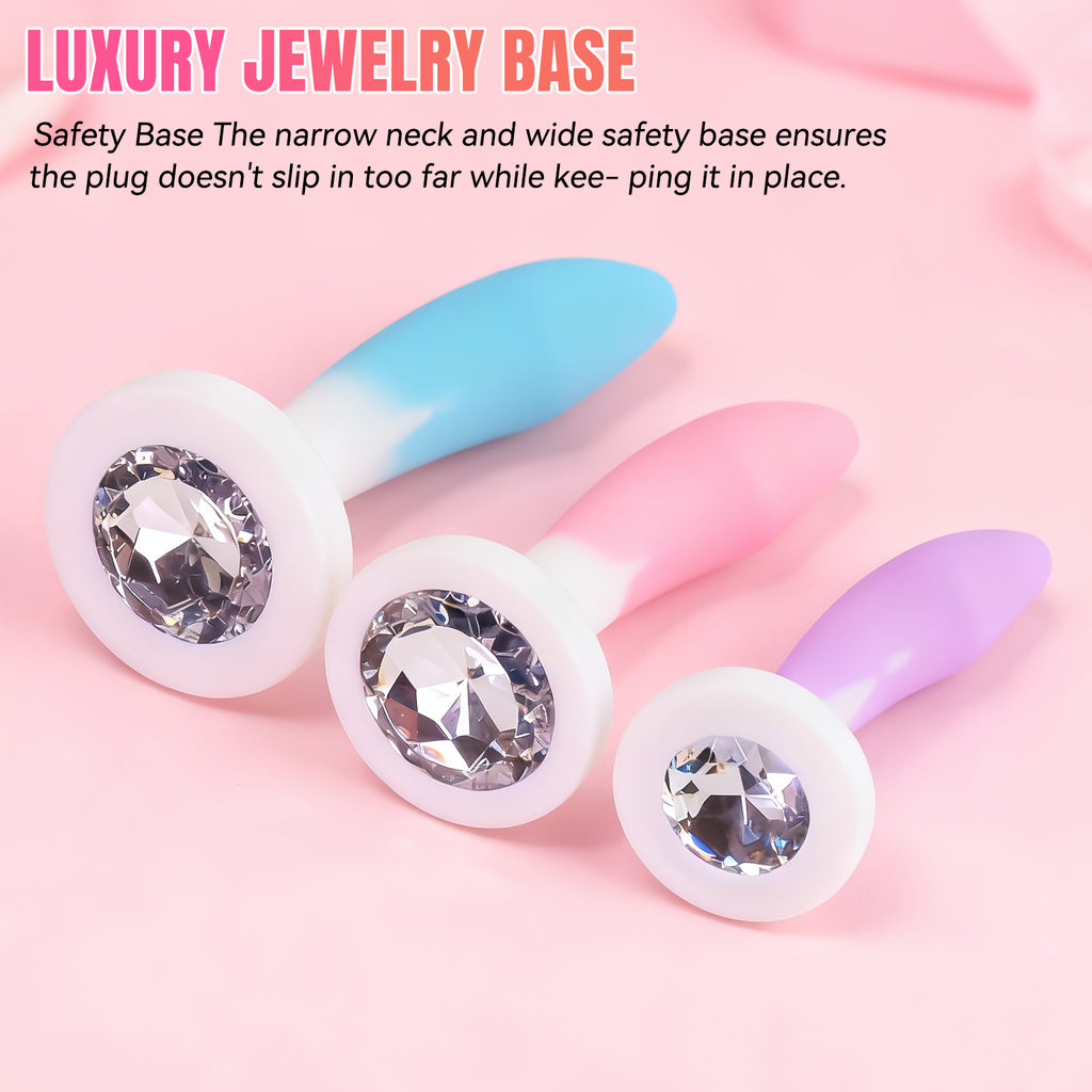 3-Piece Curved Silicone Anal Plug Set – Graduated Sizes with Crystal Jewel Bases
