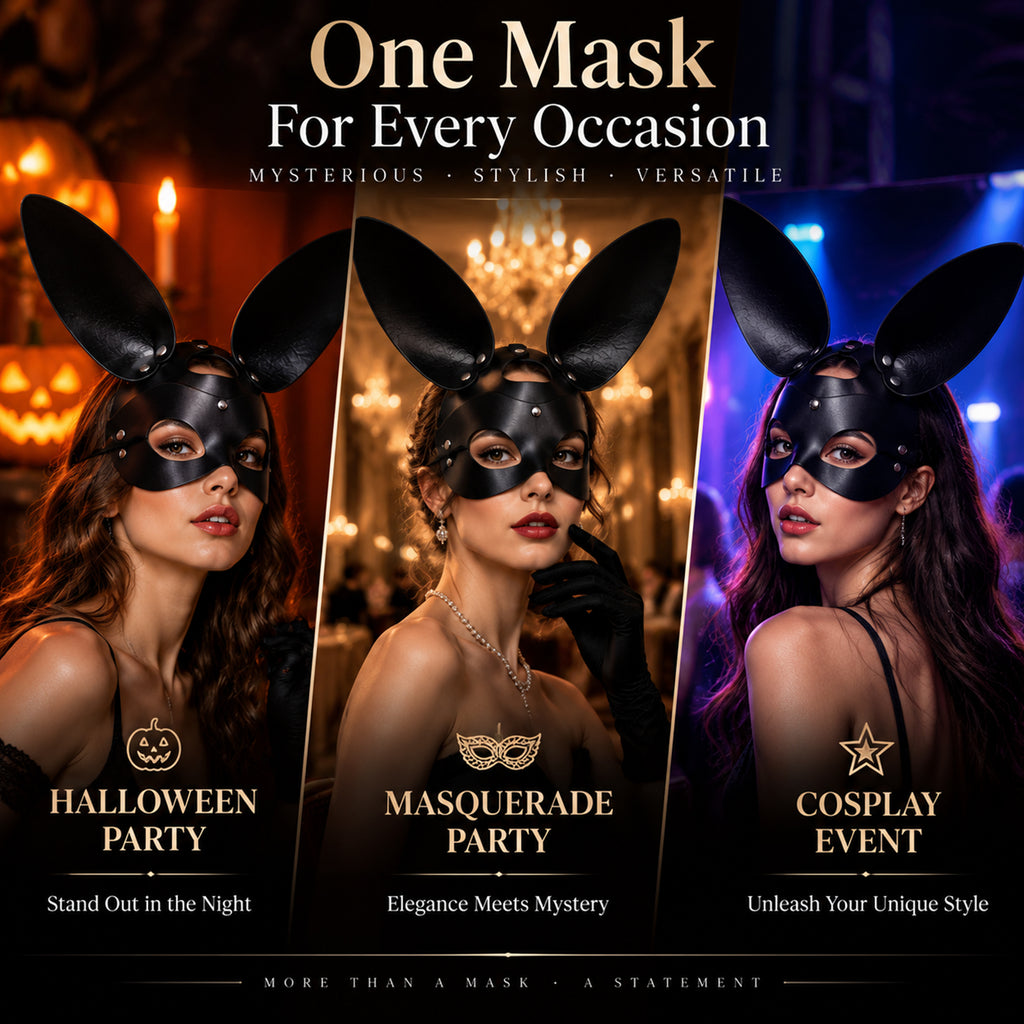 Black PU Leather Rabbit Ear Mask – Adjustable Unisex Masquerade Costume