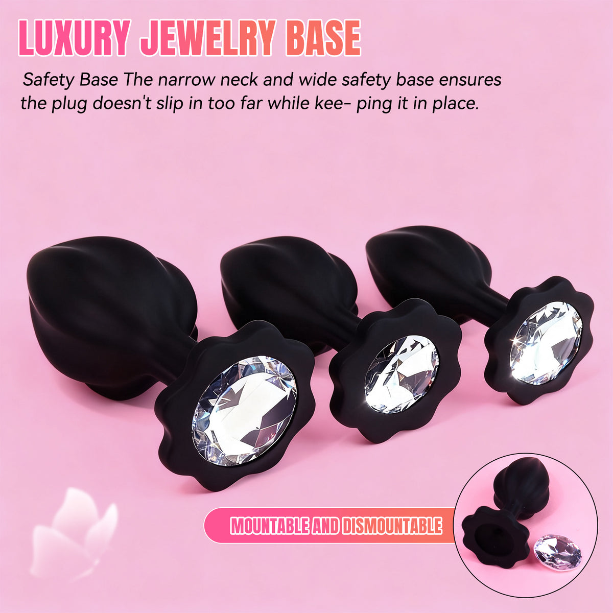 3-Piece Black Silicone Anal Plug Set – Graduated Sizes with Crystal Jewel Bases