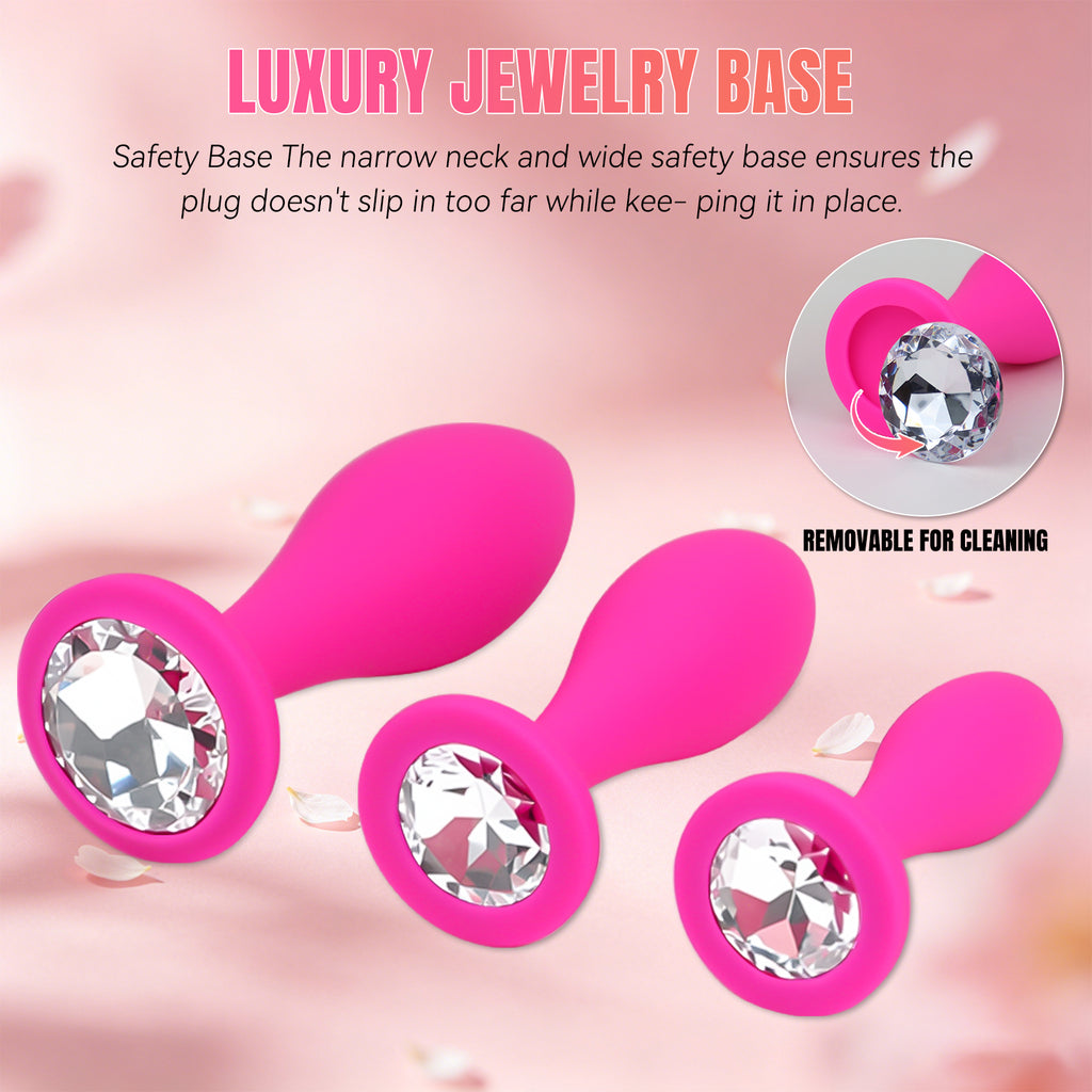 3-Piece Rose Pink Silicone Anal Plug Set – Graduated Sizes with Crystal Jewel Bases