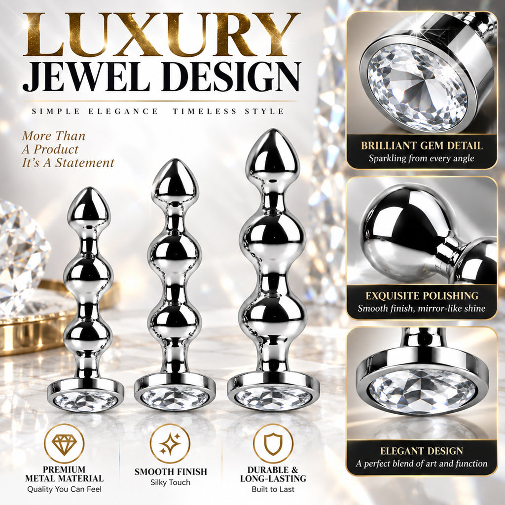 3-Piece Jeweled Metal Anal Plug Set – Silver Finish, 3 Graduated Sizes