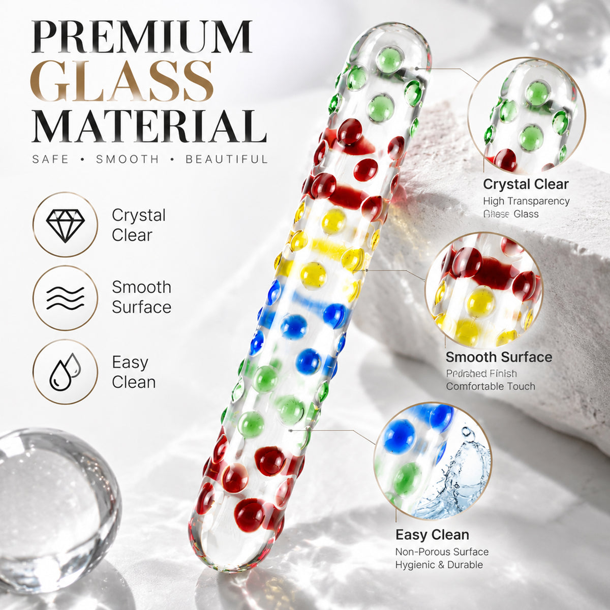 6.73-Inch Colorful Glass Massage Wand – Polka Dot Design & Smooth Surface