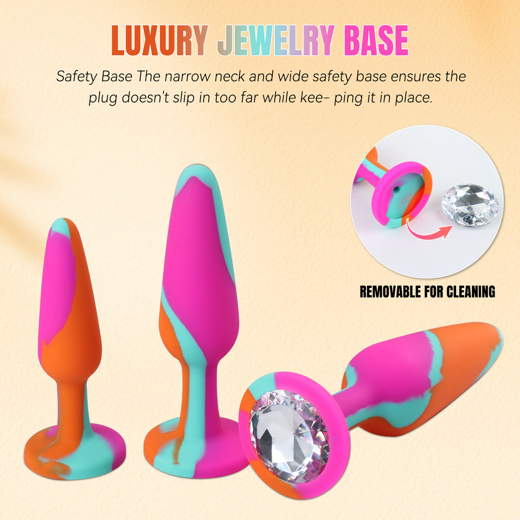 3-Piece Silicone Anal Plug Set with Jewel Bases