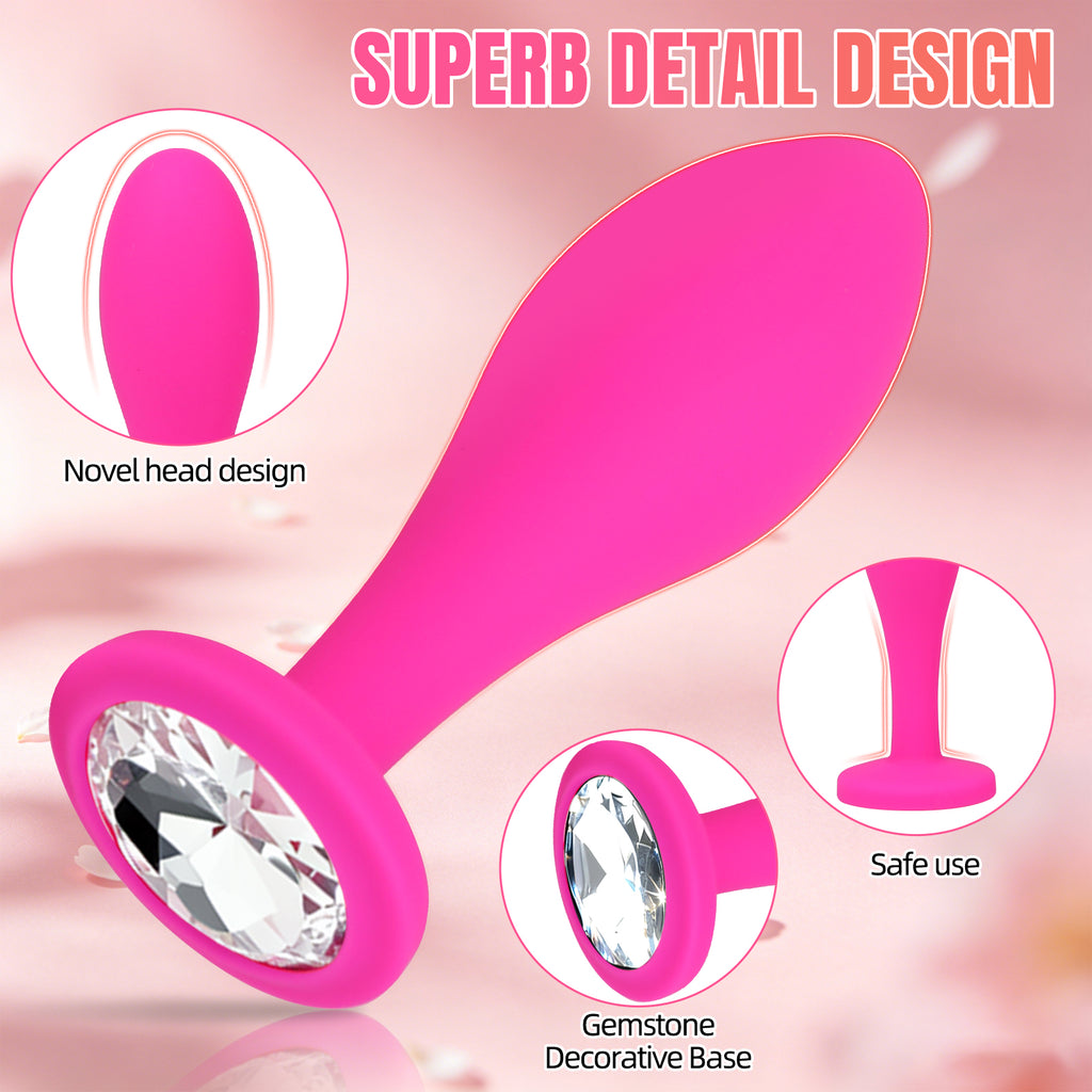 3-Piece Rose Pink Silicone Anal Plug Set – Graduated Sizes with Crystal Jewel Bases
