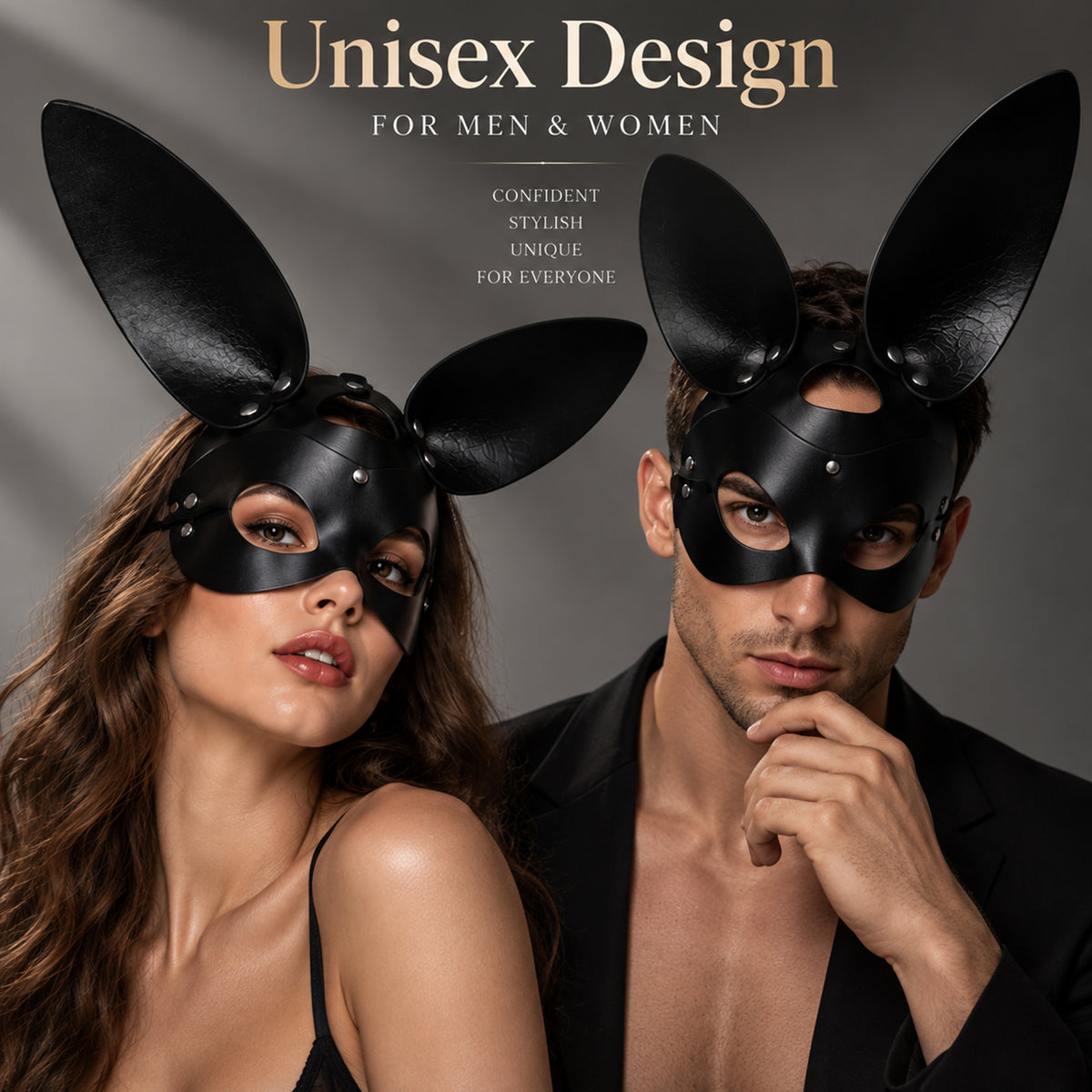 Black PU Leather Rabbit Ear Mask – Adjustable Unisex Masquerade Costume