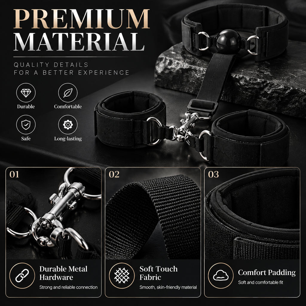 Adjustable PU Leather Collar & Wrist Cuff Set – Metal Chain with Ball Gag