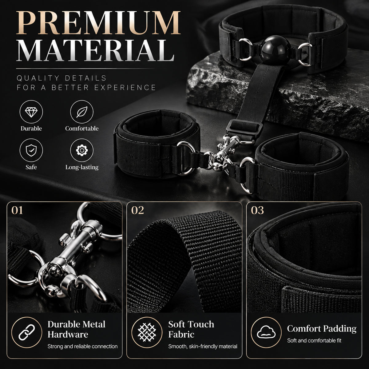 Adjustable PU Leather Collar & Wrist Cuff Set – Metal Chain with Ball Gag
