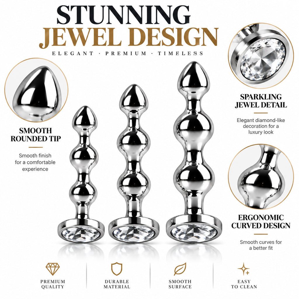 3-Piece Jeweled Metal Anal Plug Set – Silver Finish, 3 Graduated Sizes