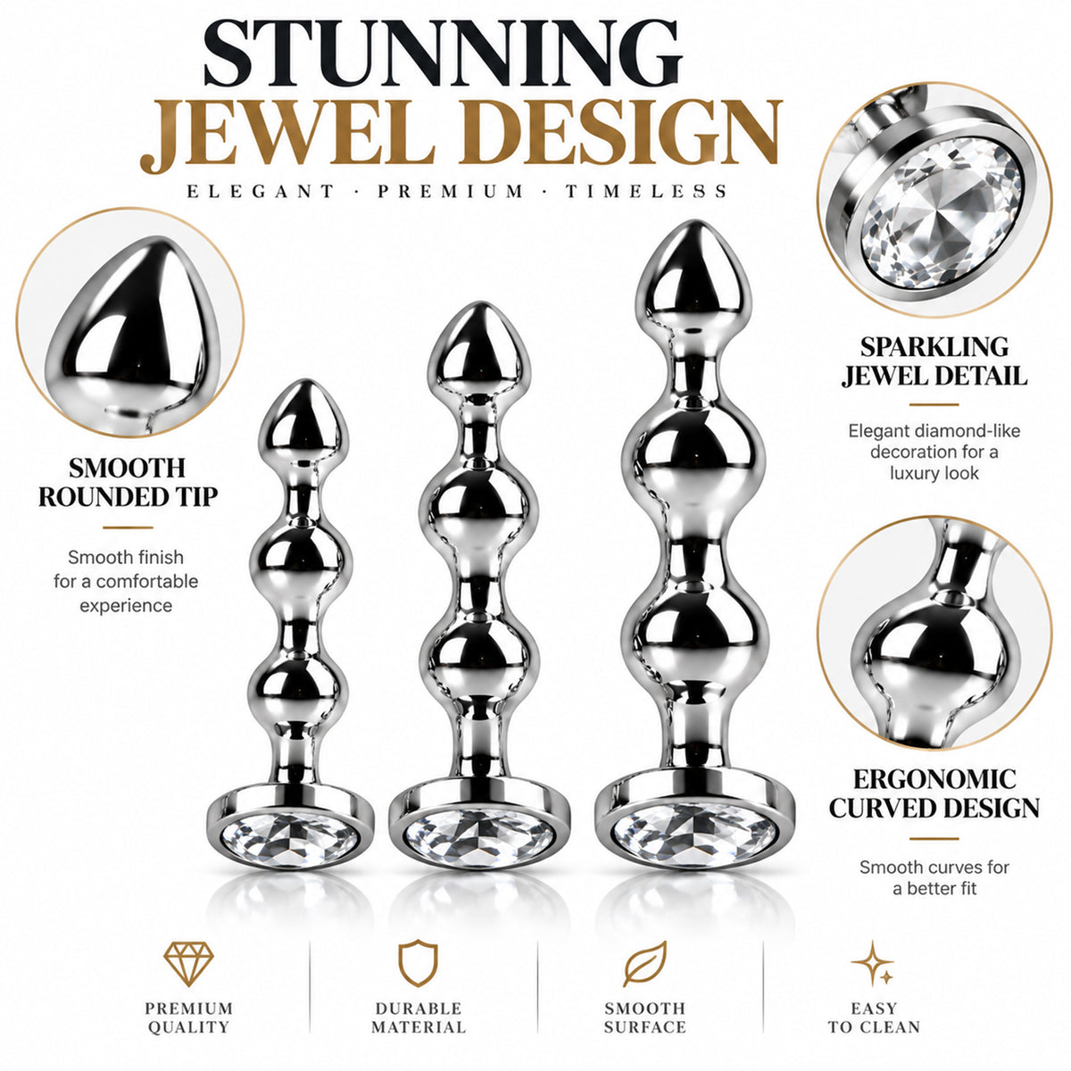 3-Piece Jeweled Metal Anal Plug Set – Silver Finish, 3 Graduated Sizes