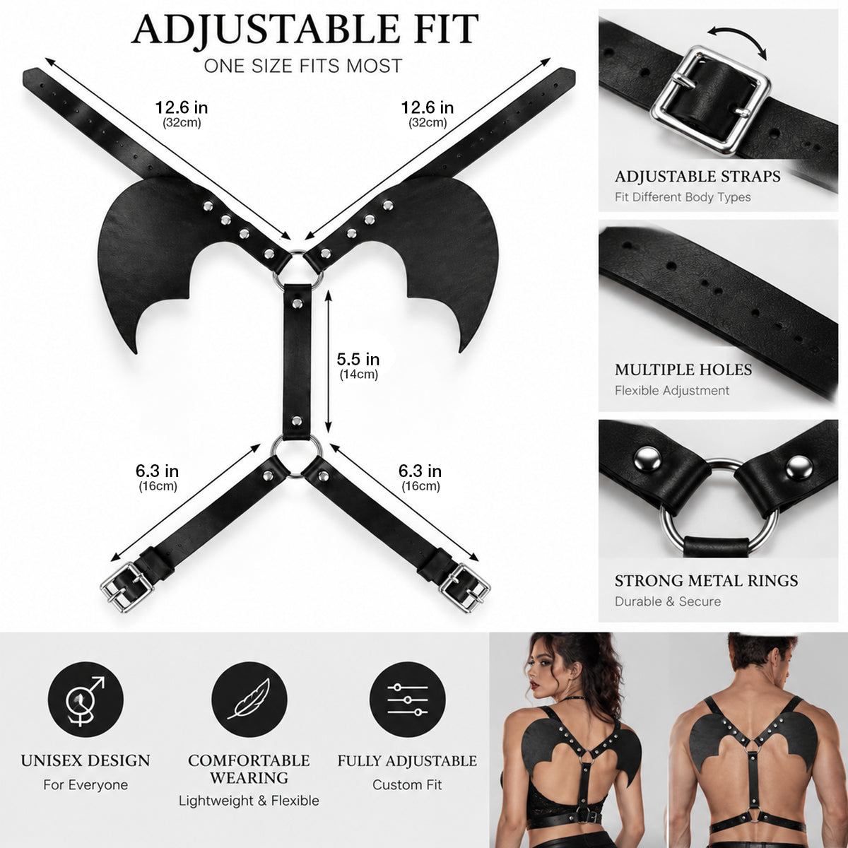 Black PU Leather Bat Wing Harness – Adjustable Unisex Halloween Costume