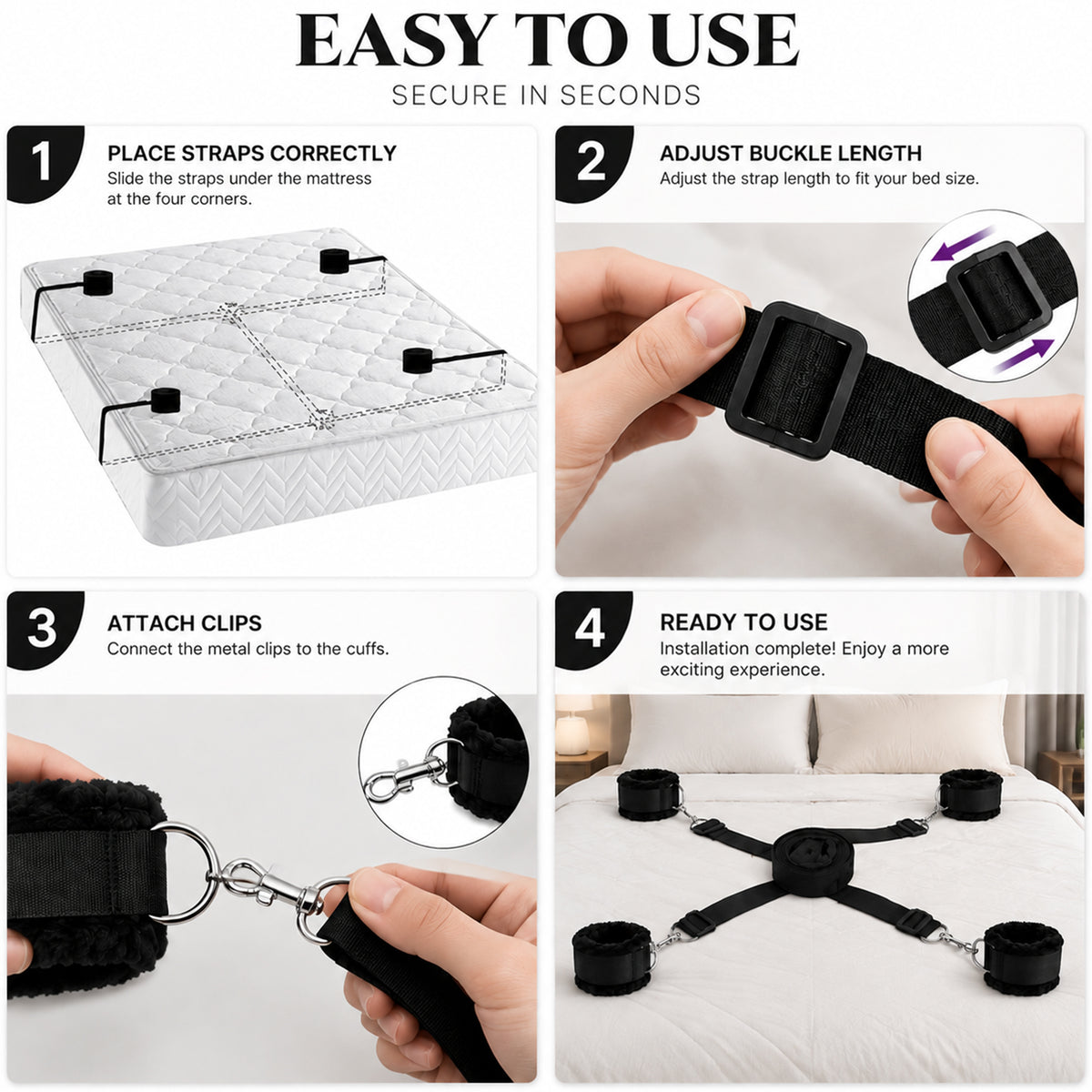 6-Piece Under-Bed Bondage Restraint Set – Adjustable Straps & Plush Cuffs