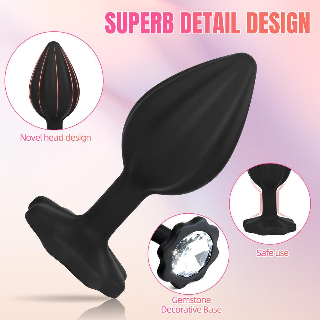 3-Piece Black Silicone Anal Plug Set – Graduated Sizes with Crystal Jewel Bases