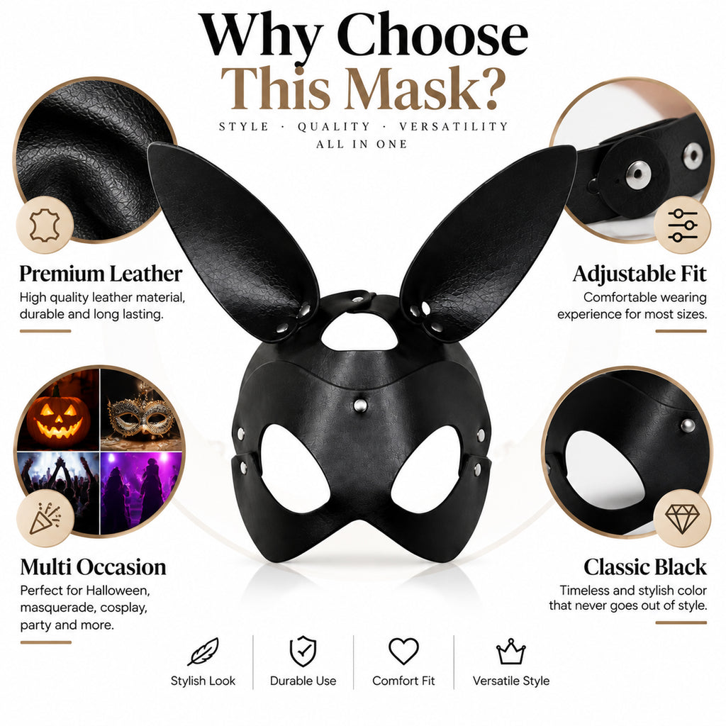 Black PU Leather Rabbit Ear Mask – Adjustable Unisex Masquerade Costume