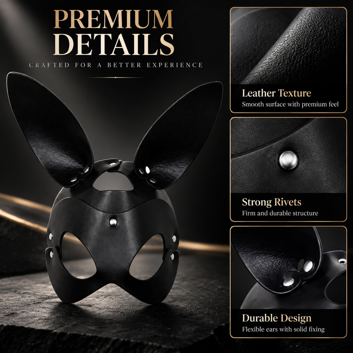 Black PU Leather Rabbit Ear Mask – Adjustable Unisex Masquerade Costume
