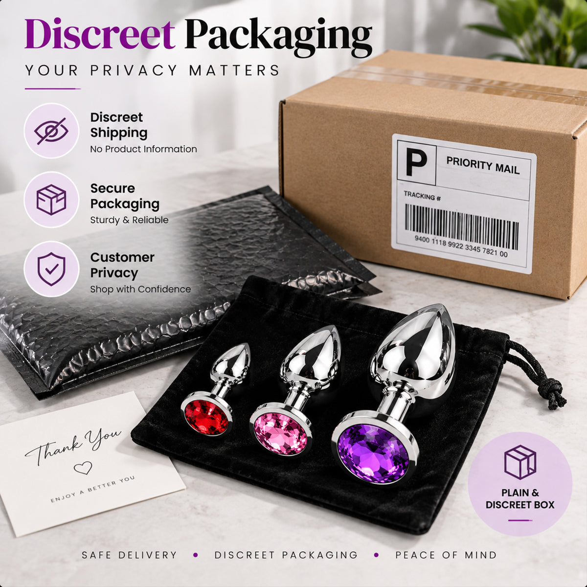3-Piece Metal Anal Plug Set with Colorful Jewel Bases