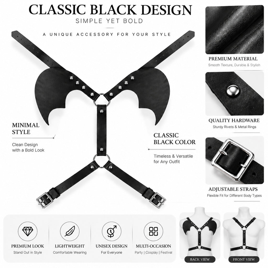 Black PU Leather Bat Wing Harness – Adjustable Unisex Halloween Costume
