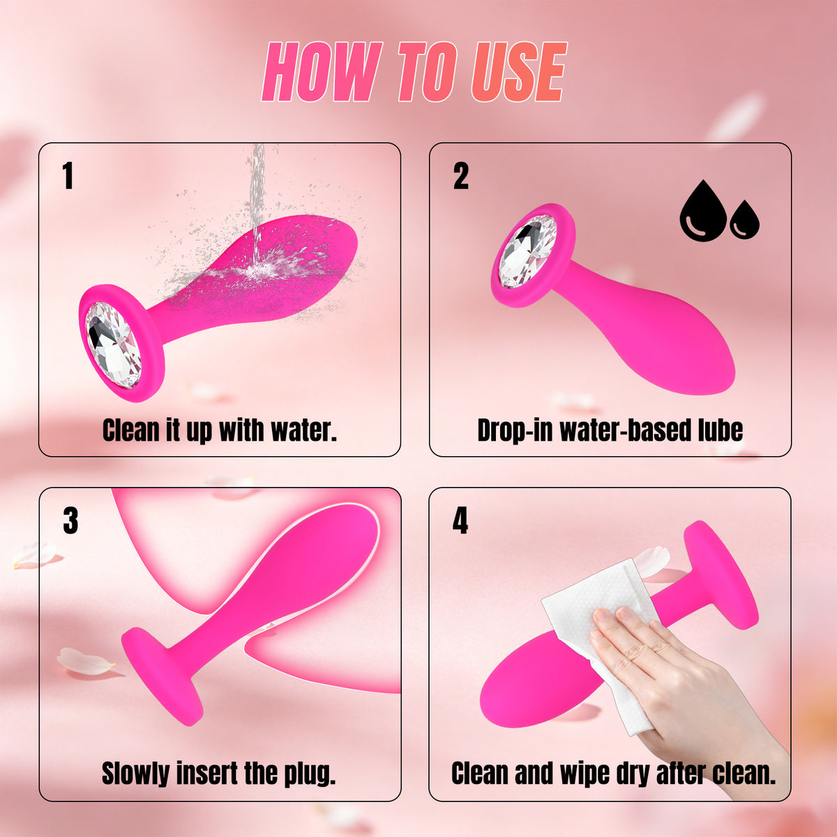 3-Piece Rose Pink Silicone Anal Plug Set – Graduated Sizes with Crystal Jewel Bases