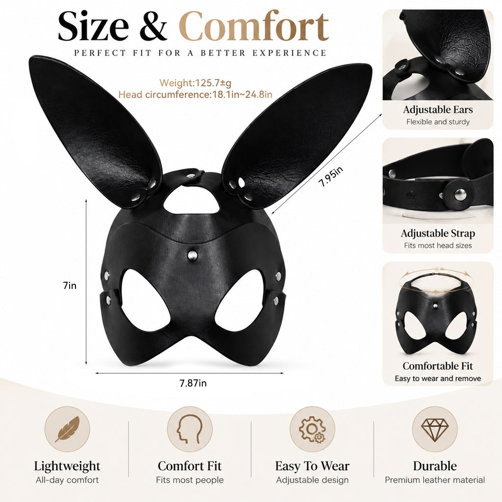 Black PU Leather Rabbit Ear Mask – Adjustable Unisex Masquerade Costume