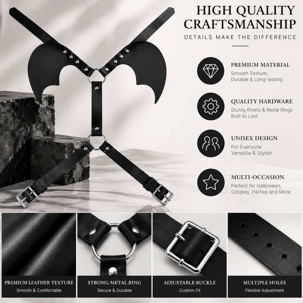 Black PU Leather Bat Wing Harness – Adjustable Unisex Halloween Costume