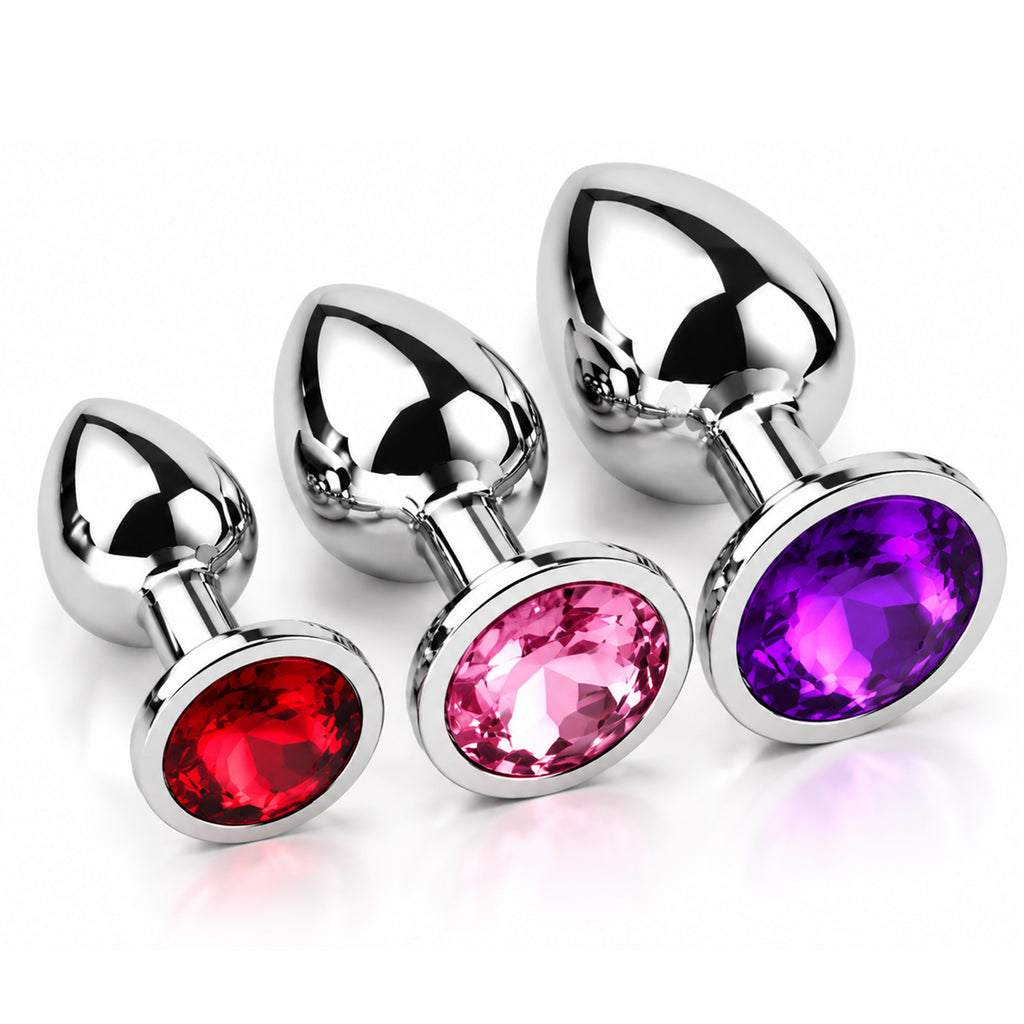 3-Piece Metal Anal Plug Set with Colorful Jewel Bases